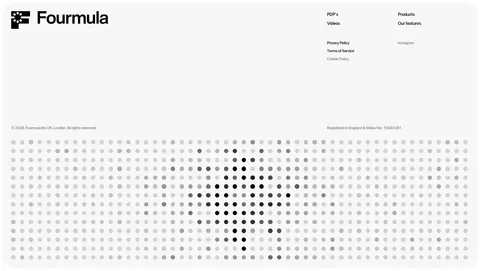 Fourmula footer section: wordmark, small link columns and legal text above a gray dot-matrix field forming a halftone shape