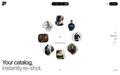 Fourmula hero section: ring of rounded fashion model photos around an upload box, with a large two-tone headline at bottom left on white