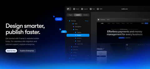 Framer call-to-action section: left headline with two buttons beside the Framer editor layers panel, blue glow along the bottom on black