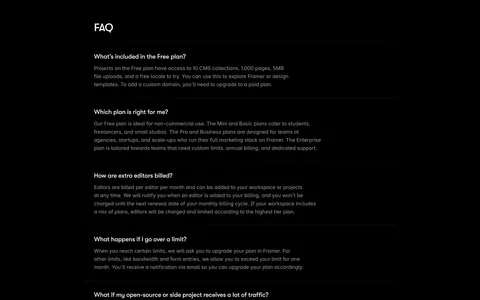 Framer FAQ section: heading above a single-column list of questions with expanded answers separated by thin rules on black