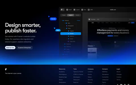 Framer footer section: CTA with editor UI and blue glow above a black footer with logo, tagline, five link columns and social icons