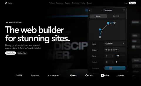 Framer hero section: left-aligned headline with two buttons beside a floating transition-settings panel, logo row below, on black