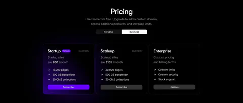 Framer pricing section: centered heading with personal/business toggle above three dark plan cards, the popular one with a purple glow