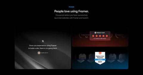 Framer testimonials section: centered heading above a large tweet quote tile beside stacked Product Hunt and G2 badge tiles on black