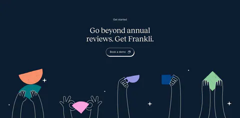 Frankli call-to-action section: centered serif headline and demo button above hand-drawn hands holding colorful shapes on navy