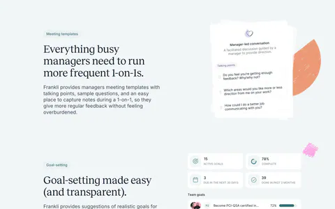 Frankli features section: three stacked rows of serif headings and copy on the left with meeting, goal and reporting UI cards on the right