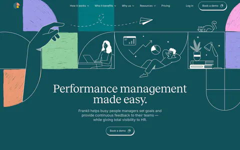 Frankli hero section: centered serif headline and demo button below a band of line-drawn people and textured color blocks on deep teal