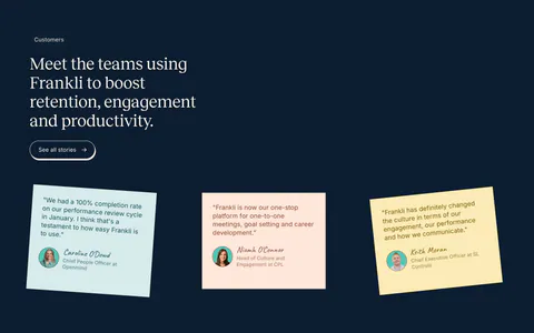 Frankli testimonials section: serif headline with stories button above three tilted pastel sticky-note quote cards on a navy dot grid