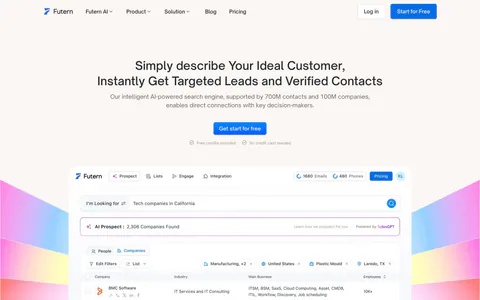 Futern hero section: centered headline and CTA above a lead-search product UI framed by rainbow gradient shapes on warm off-white