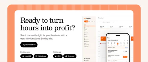 Harvest call-to-action section: serif headline, trial button and app badges beside desktop and mobile timesheet UI in an orange-framed card