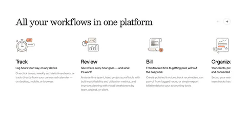 Harvest features section: serif heading with arrow controls above a sliding row of track, review, bill and organize columns with line drawings