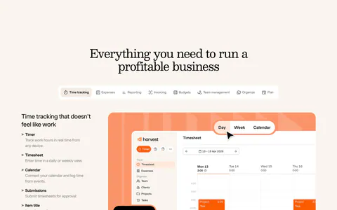 Harvest features section: centered serif heading and feature tabs above a feature list beside a timesheet UI on an orange panel, cream background