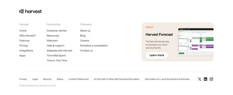 Harvest footer section: logo above three link columns beside a Harvest Forecast promo card with screenshot, legal links and social icons