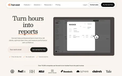 Harvest hero section: serif headline with email signup field beside an invoice UI screenshot, customer logo row below on warm cream