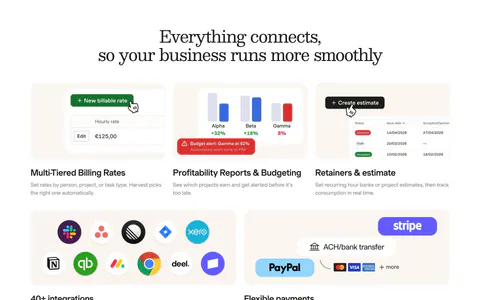 Harvest integrations section: serif headline above a bento grid of billing, reporting and estimate UI tiles plus app-icon and payment tiles