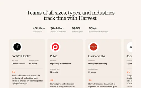 Harvest footer section: serif headline, four stats and a carousel of customer testimonial cards with logos on a cream background