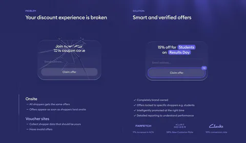 Gocertify comparison section: problem vs solution columns with a cracked and a verified offer widget mockup and checklists on deep indigo