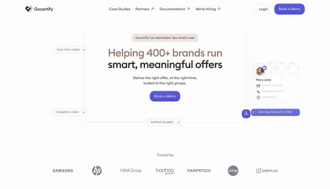Gocertify hero section: centered two-tone headline with demo button framed by floating verification chips and a profile card, logo row below