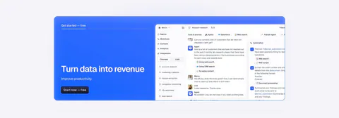 Godmode call-to-action section: blue rounded card with headline and button on the left and an AI agent chat screenshot on the right