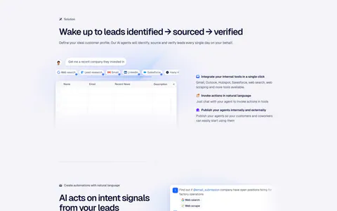 Godmode features section: three zig-zag rows pairing agent chat, automation steps and outreach message UI mockups with short copy