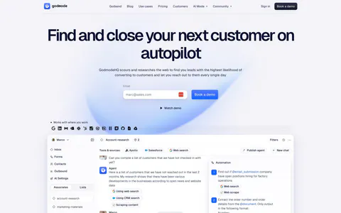 Godmode hero section: centered headline with email field and demo button above a large AI agent workspace screenshot