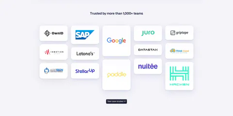 Godmode logo cloud section: centered heading above a masonry grid of white logo tiles in mixed sizes with a case studies button