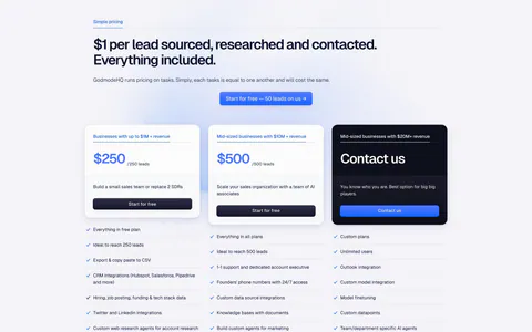 Godmode pricing section: left-aligned headline and blue button above three plan cards, one dark, with checklists below each