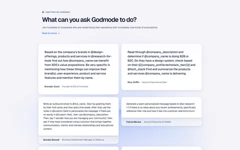 Godmode testimonials section: left-aligned heading above a masonry grid of white cards with customer prompts and names