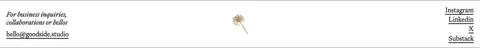 Goodside footer section: slim strip with italic inquiry note and email, a gold dandelion mark and stacked social links