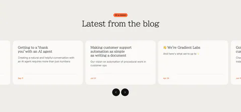 Gradient Labs blog & resources section: centered serif heading above a carousel of off-white article cards with round arrow buttons