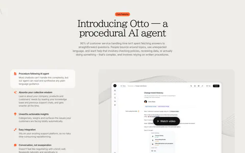 Gradient Labs features section: centered serif headline above a feature list on the left and a product screenshot with video button
