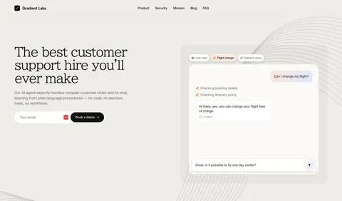 Gradient Labs hero section: serif headline, copy and email field on the left with a support chat mockup on the right on beige
