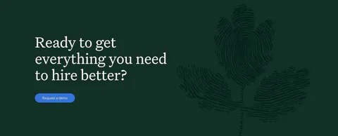 Greenhouse call-to-action section: white serif headline and blue button on the left with a fingerprint flower artwork on dark green