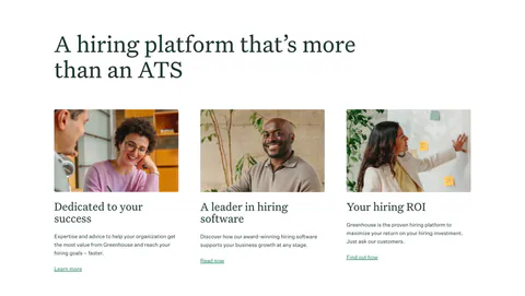 Greenhouse features section: large serif headline above three cards with workplace photos, serif titles, copy and text links