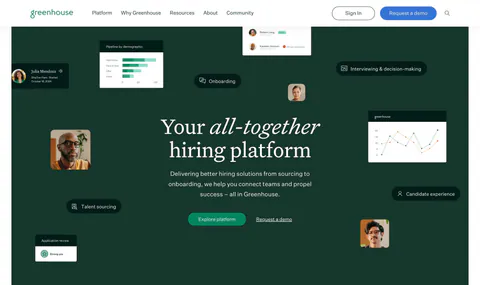 Greenhouse hero section: centered serif headline and buttons on dark green surrounded by floating UI cards, charts and portraits