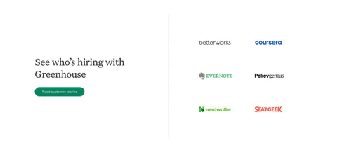 Greenhouse testimonials section: serif heading and customer stories button on the left, two-column grid of customer logos on the right