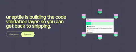 Greptile call to action section: lime headline and two buttons on the left, code review comment UI with diff nodes on the right
