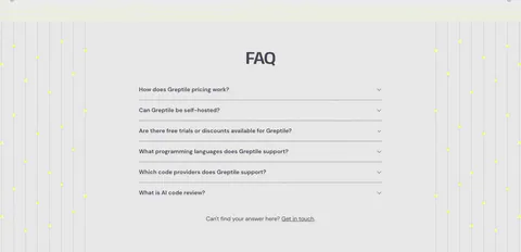 Greptile FAQ section: centered accordion list of six questions flanked by vertical dotted lines with yellow dots on light gray