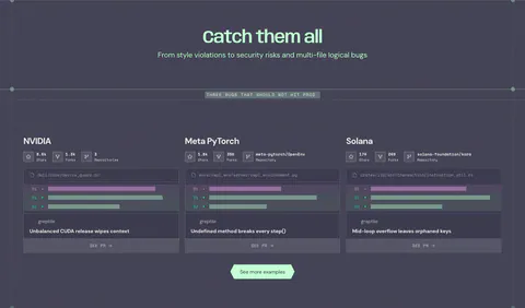Greptile features section: centered headline over three cards showing example bugs caught in open-source repos with diff snippets