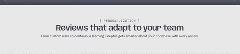 Greptile features section: centered eyebrow label, headline and one-line subtitle on a light gray band with a striped top edge