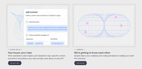 Greptile features section: two cards side by side, one with a custom rules form UI, one with a blue wireframe torus graphic