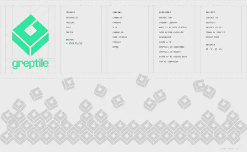 Greptile footer section: large green logo beside four link columns, above a pile of gray isometric logo blocks on light gray