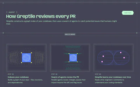 Greptile how it works section: three step cards with wireframe graphics on a dark slate background below a mint headline