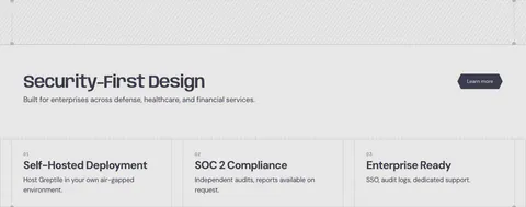 Greptile security section: headline with learn more button above three numbered cards for self-hosting, SOC 2 and enterprise features
