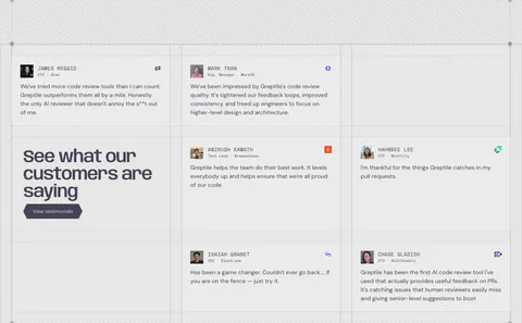 Greptile testimonials section: grid of quote cards with avatars and company logos around a large headline cell with a button
