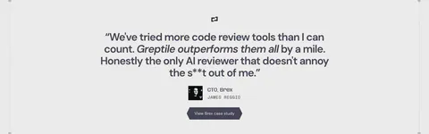Greptile testimonials section: centered single customer quote with company logo, avatar, name, title and a case study button