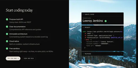 Griffin features section: checklist of API benefits and two buttons beside a curl code card over a mountain photo