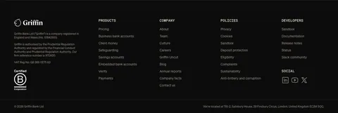 Griffin footer section: dark footer with logo, legal text, B Corp badge, four link columns and social icons