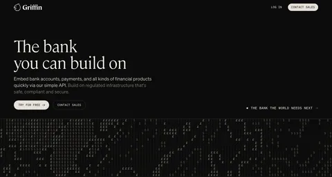 Griffin hero section: large serif headline, copy and two buttons on black above a field of £ and $ characters