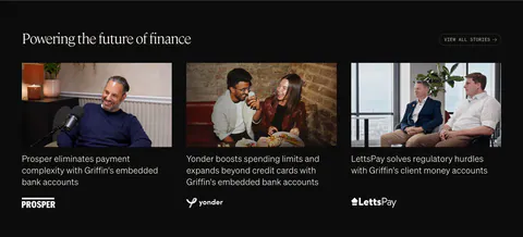 Griffin testimonials section: serif heading above three customer story cards with photos, captions and logos on black